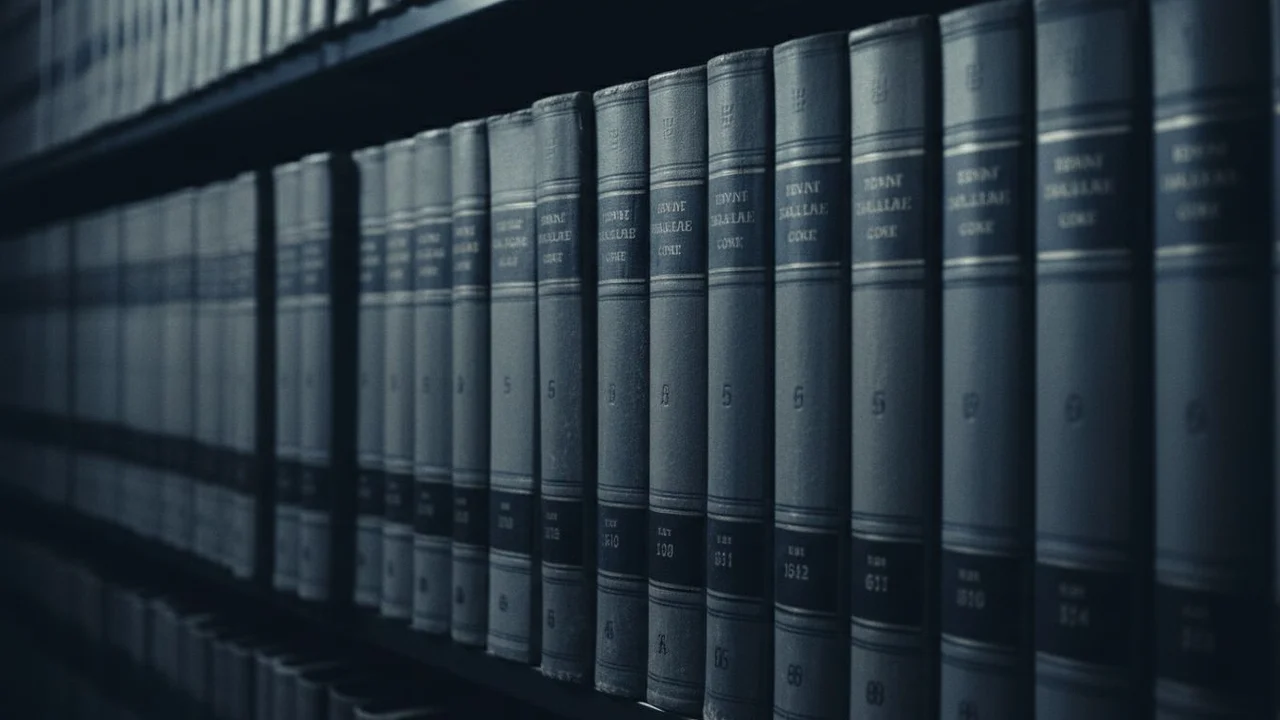 A shelf of bound legal codes, worn by decades of use.