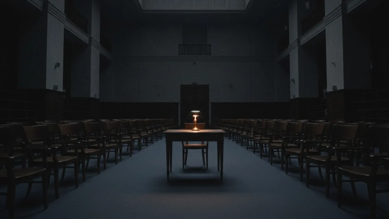 A single lit reading desk in the middle of a deserted archive room.