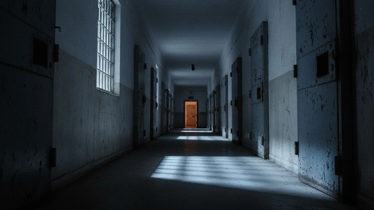 A prison corridor, cell doors closed.