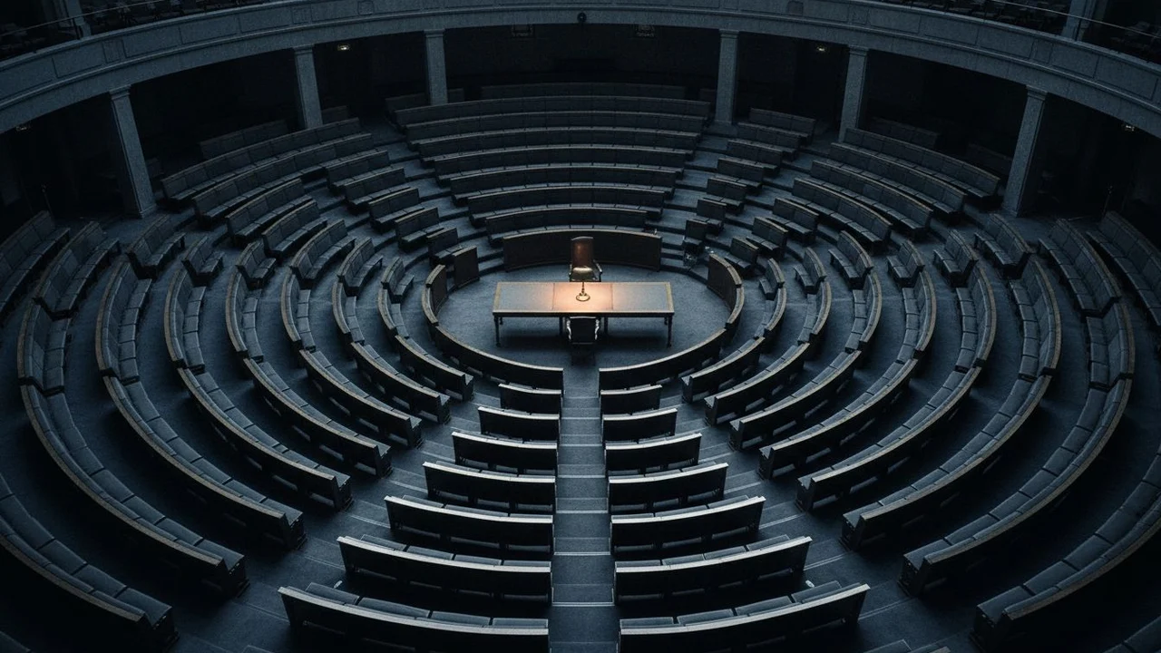 An empty debating chamber seen from the gallery.