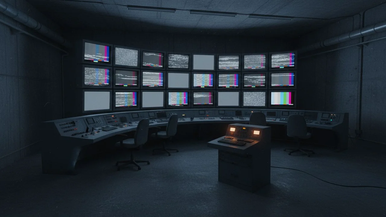 A darkened broadcast control room, monitors showing static.