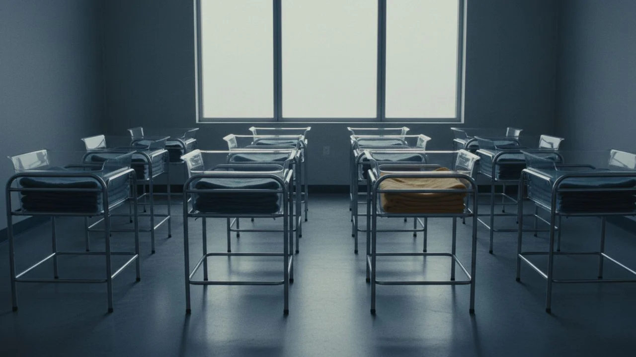 A hospital nursery, empty bassinets aligned.