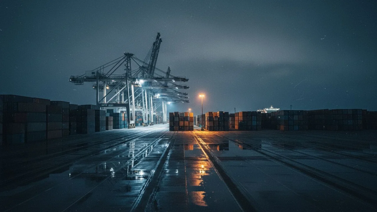 A container terminal at night, gantries above the stacks.