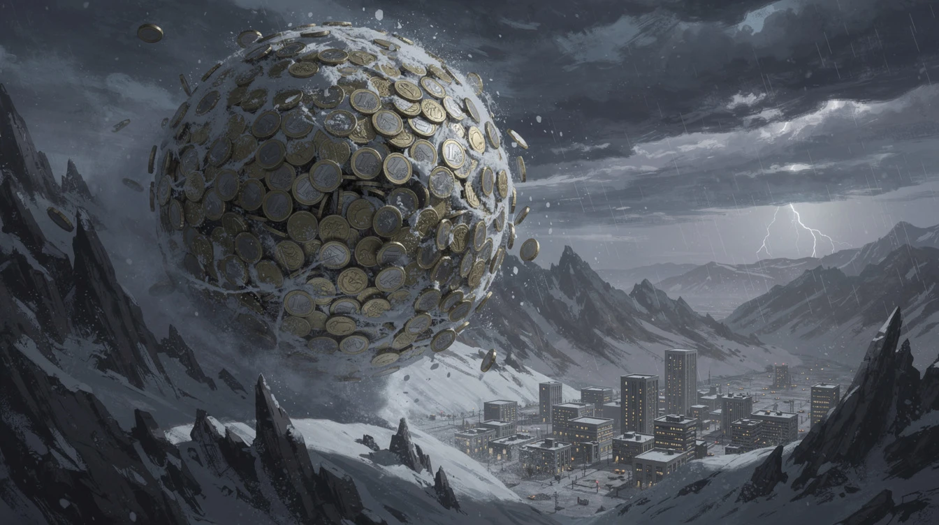 A giant snowball made of euro coins rolls down a snowy mountain toward a city under a stormy sky.
