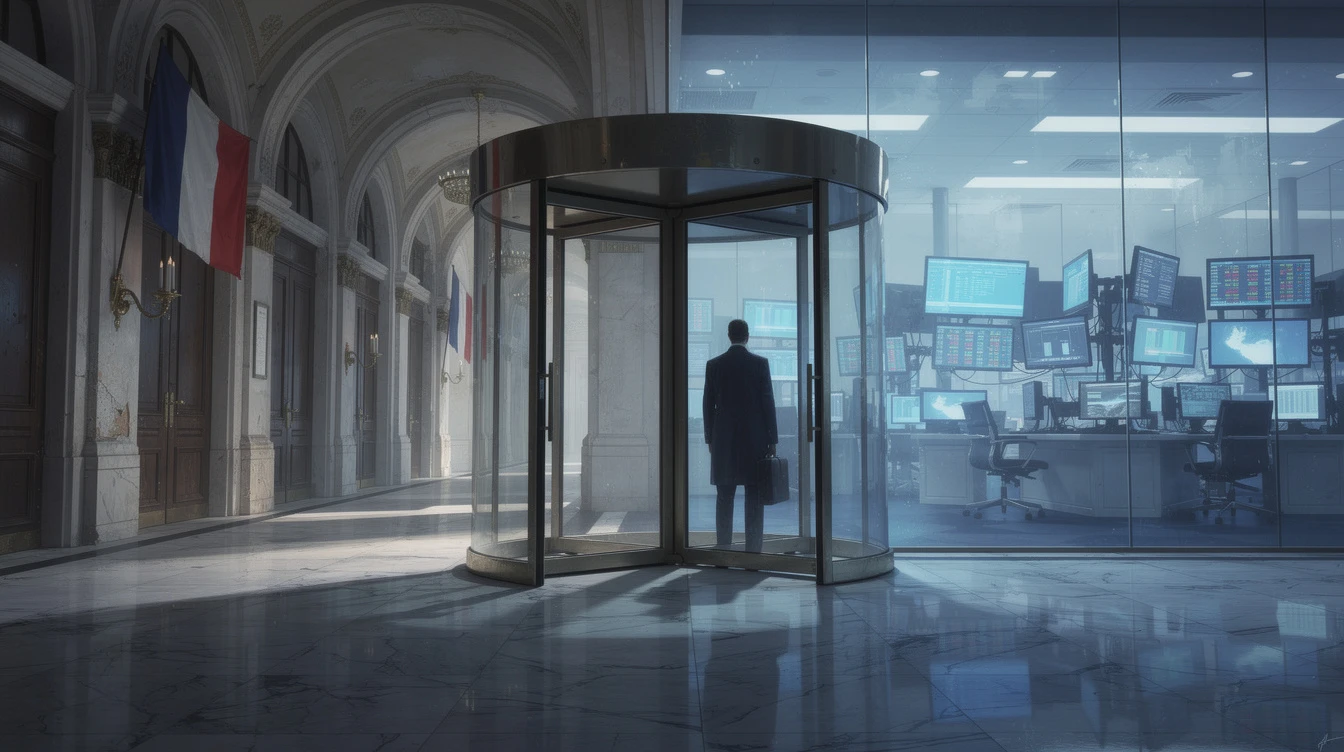 A glass revolving door connects a ministerial corridor adorned with a French tricolour to a bank trading floor; a man in a suit steps through it, briefcase in hand.
