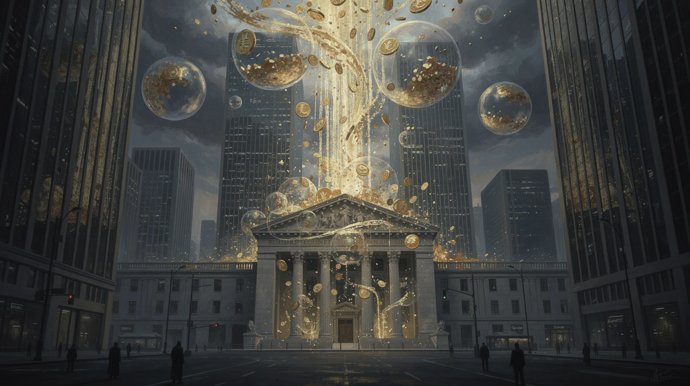 A central bank pours a torrent of gold coins toward financial skyscrapers and translucent bubbles, while tiny silhouettes remain in the dark street below.