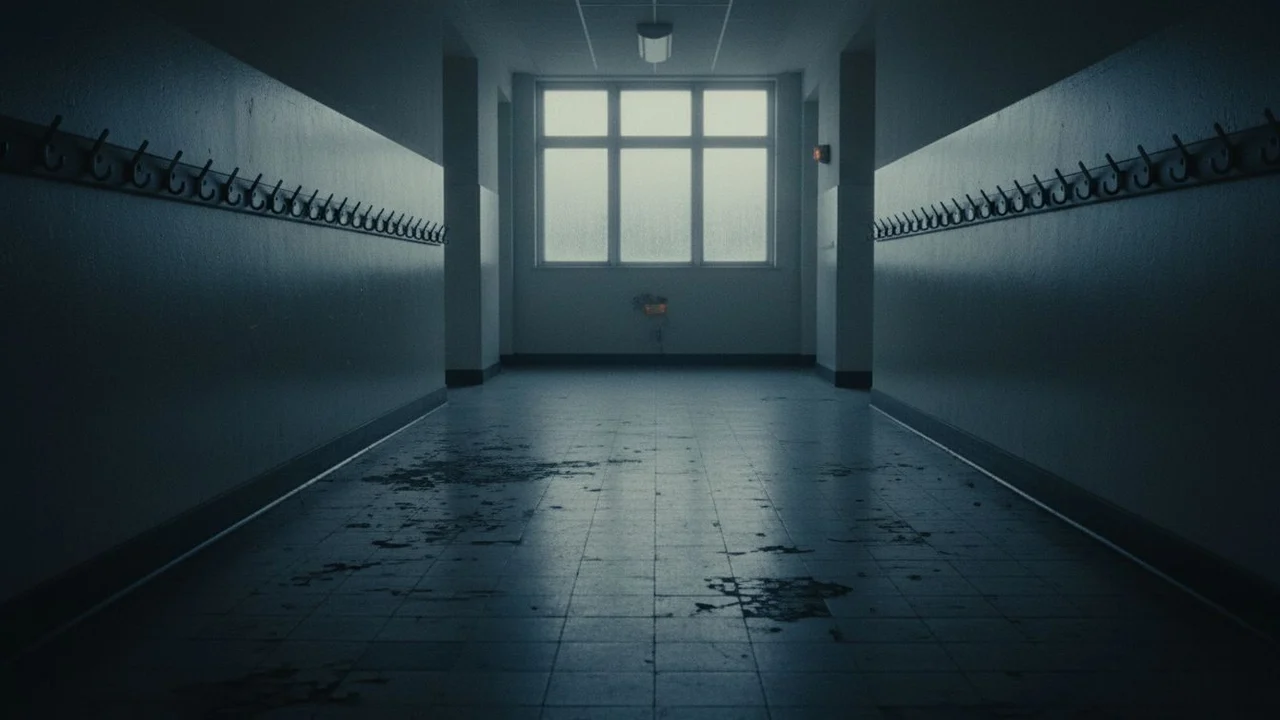 A deserted school corridor at dawn, empty coat hooks along the wall.