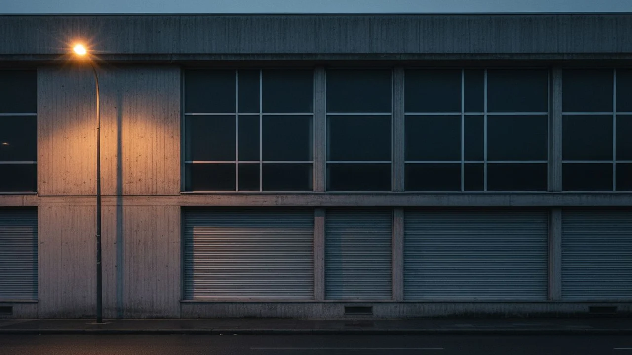 The facade of a municipal cultural centre, shutters down at dusk.