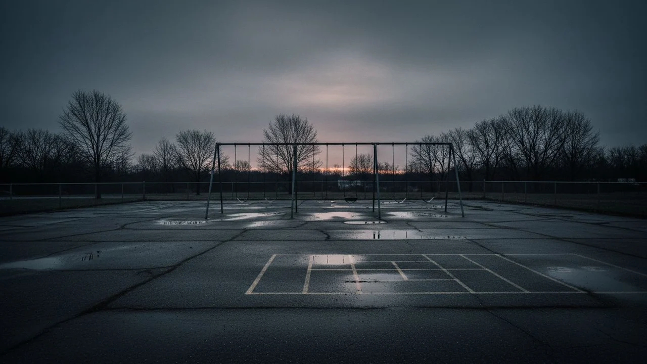 An empty schoolyard at dawn, swings motionless.