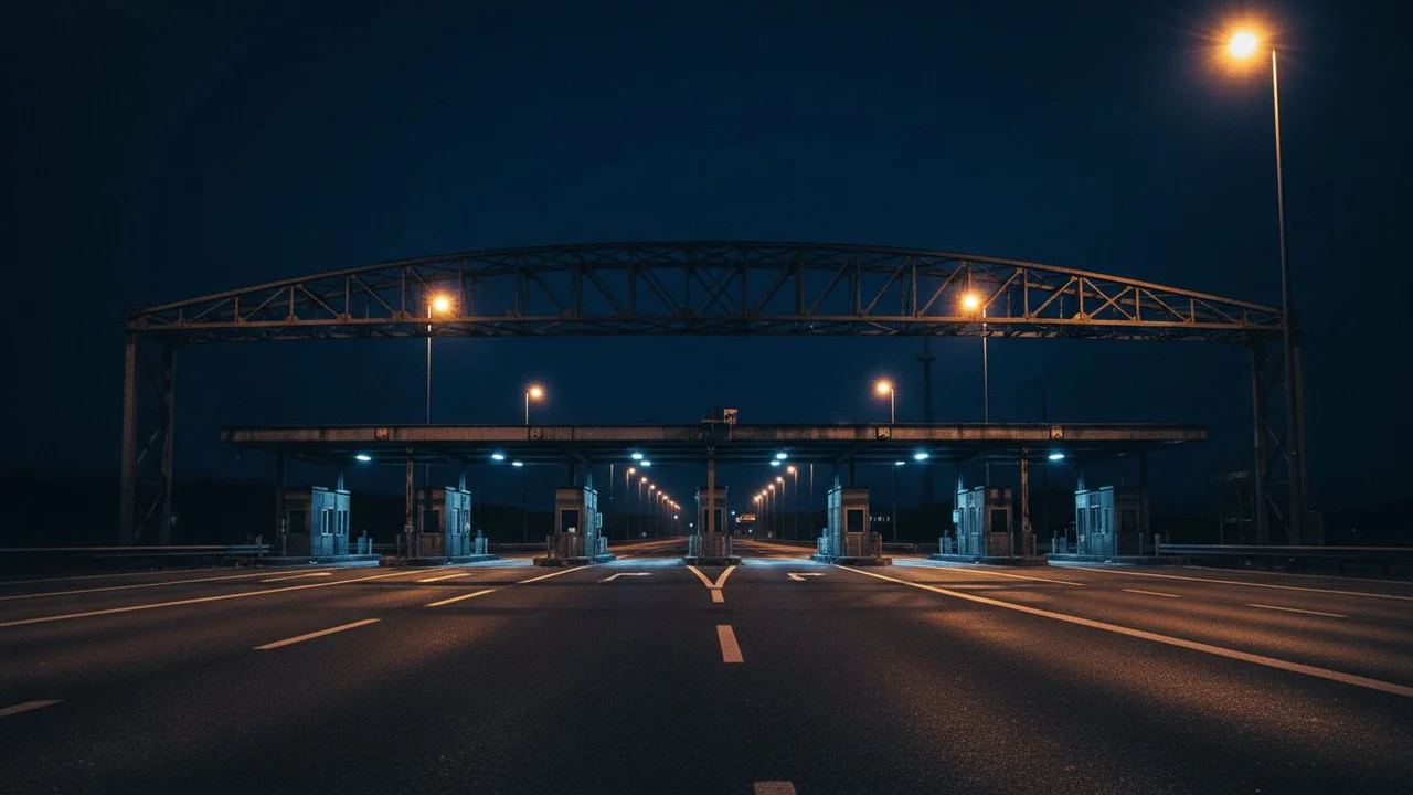 A motorway border post at night, empty booths beneath the gantry.