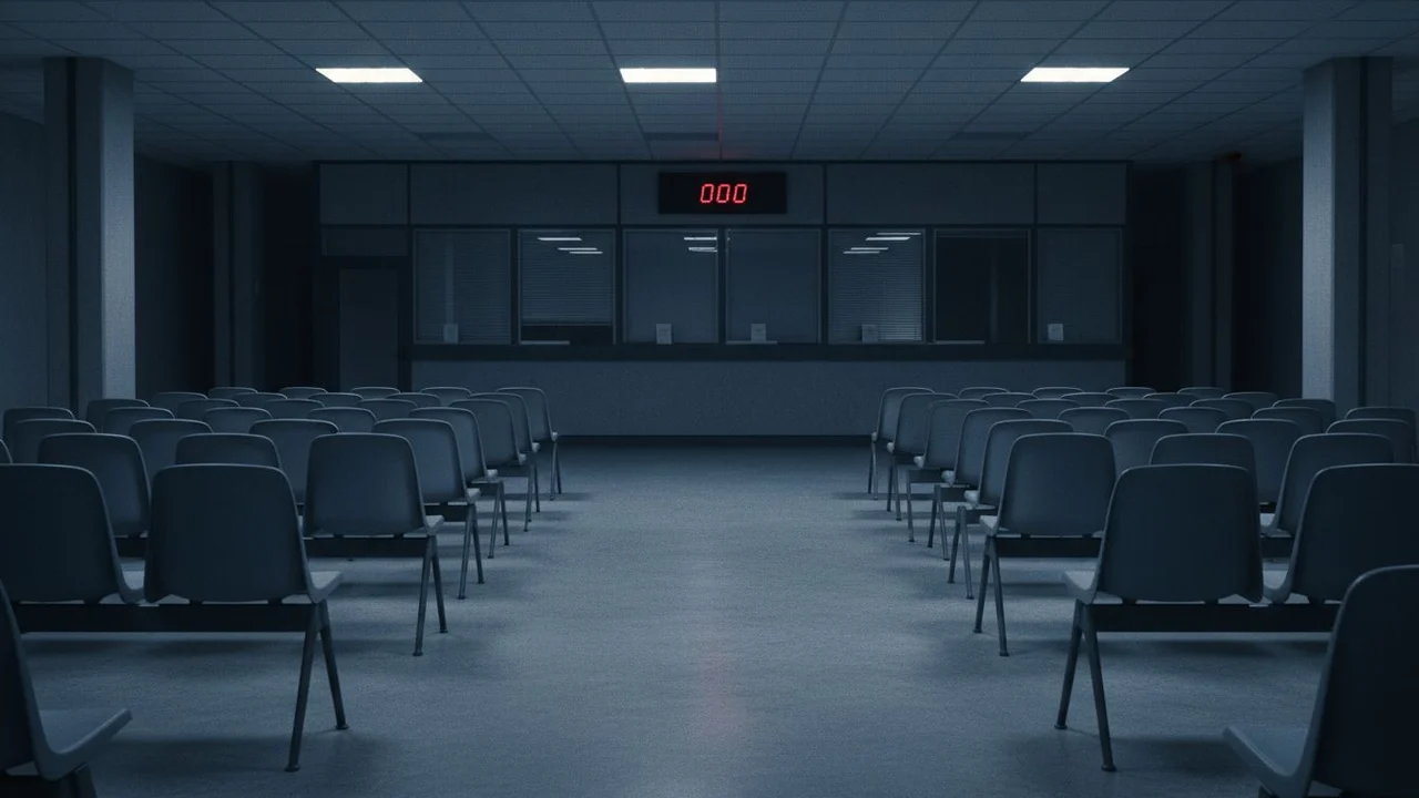 An administrative waiting hall after closing, rows of empty seats.