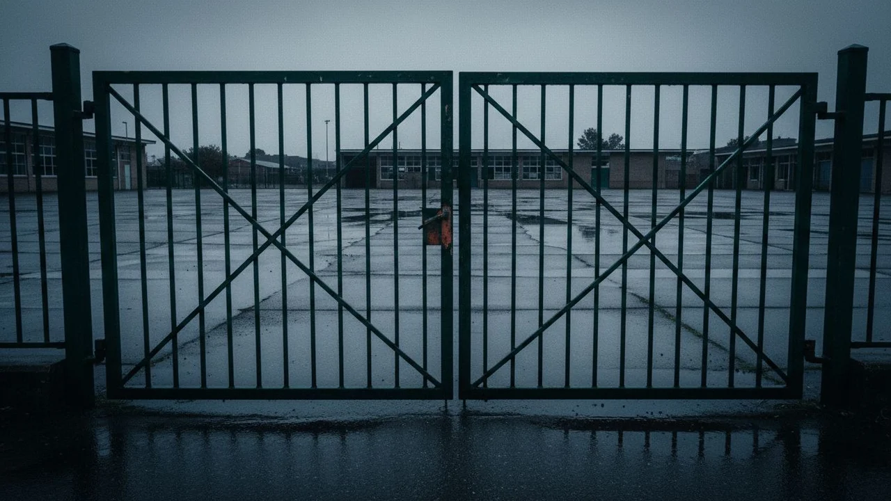 A closed school gate, the courtyard deserted beyond it.