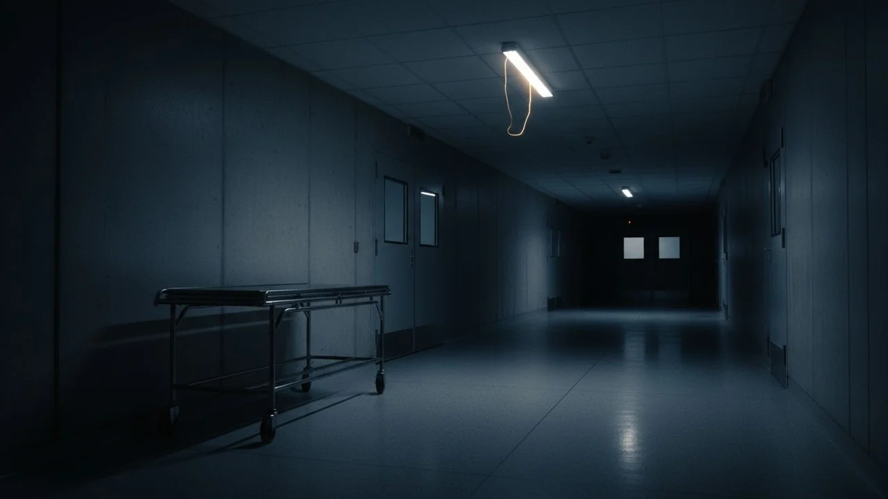 A hospital corridor at night, an empty gurney against the wall.