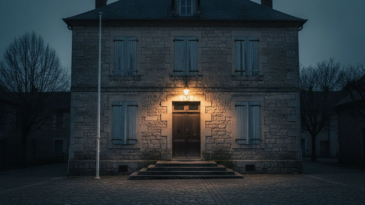A small commune's town hall, shutters closed, an empty flagpole.