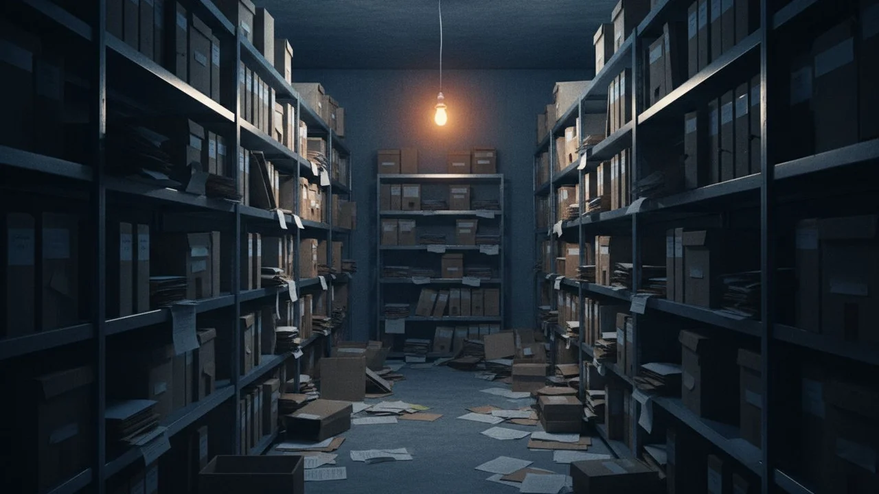 A records room at capacity, shelves sagging under box files.