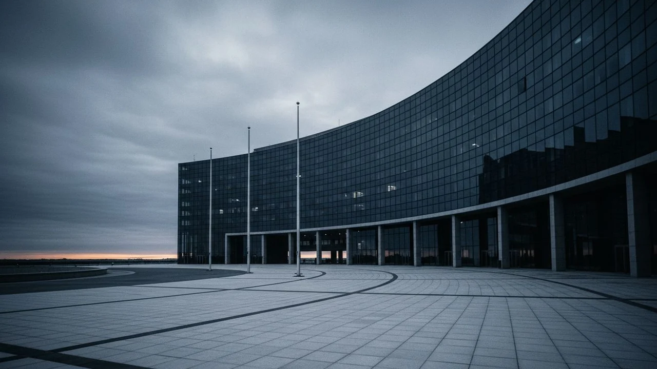 An institutional glass building at dawn, forecourt deserted.