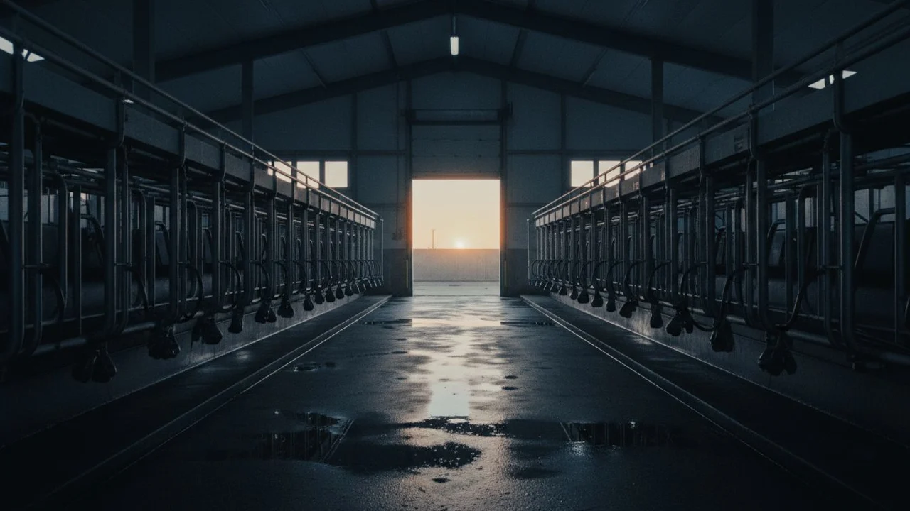 An empty milking parlour at first light, clusters hanging idle.
