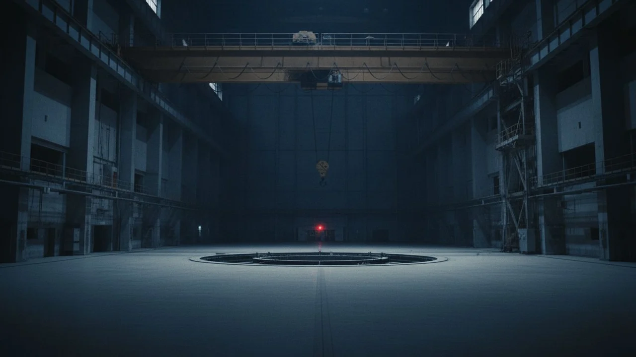 The hall of a decommissioned nuclear plant, overhead crane idle.