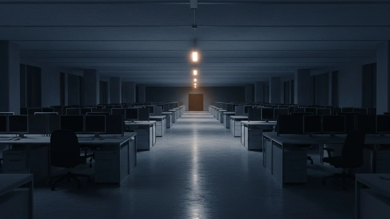 An open-plan office at night, workstations dark.