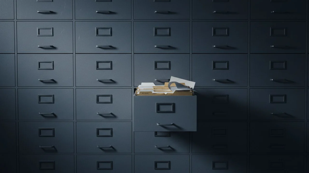 A wall of metal filing drawers, one pulled open on paper files.
