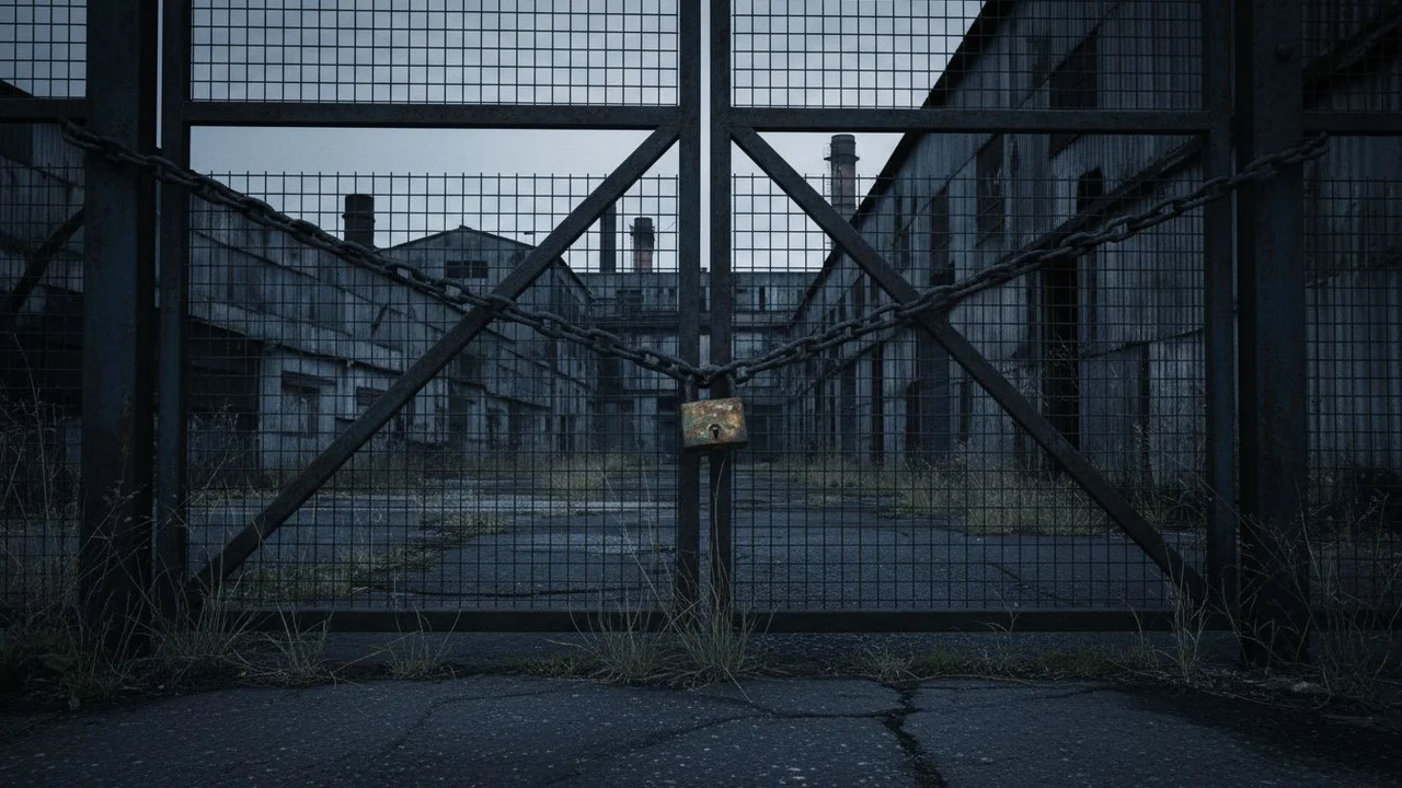 A factory gate closed with a chain, derelict buildings behind.